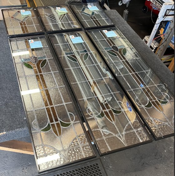 Original leaded and stained glass panels removed from a period property, ready to be rebuilt into new double-glazed sealed units