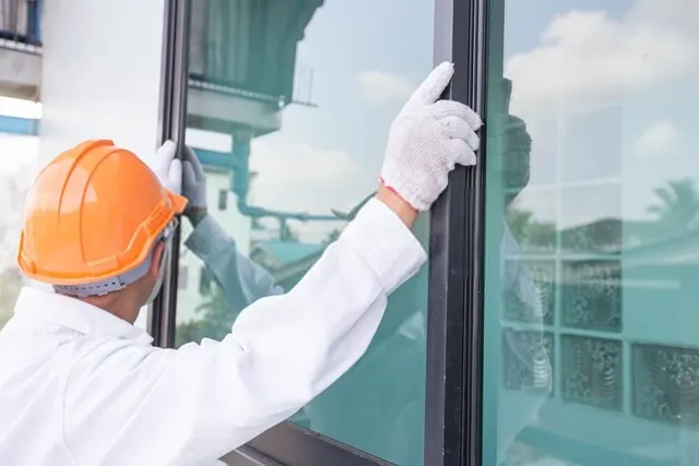 Engineer inspecting a window installation for repair
